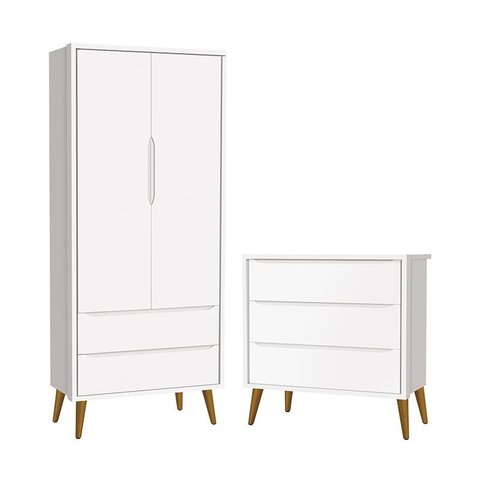 Jogo de Quarto Infantil Theo Retrô Guarda Roupa 2 Portas e Cômoda Branco com Pés Amadeirado - Reller