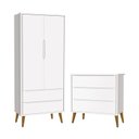 Ver imagem 1 de Jogo de Quarto Infantil Theo Retrô Guarda Roupa 2 Portas e Cômoda Branco com Pés Amadeirado - Reller
