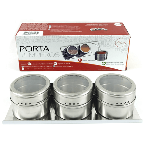 Porta Temperos Com Imã Magnético Art House Em Inox 3 Potes: Cinza