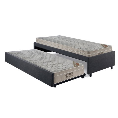 Bicama Box Solteiro Linho Cinza 88x188 com Dois Colchões Airtech Molas Ensacadas Ortobom