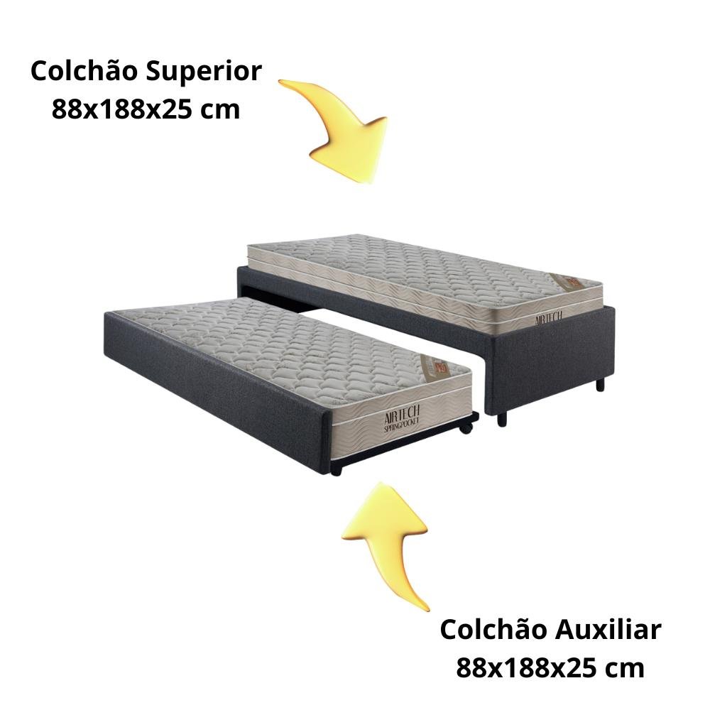 Bicama Box Solteiro Linho Cinza 88x188 com Dois Colchões Airtech Molas Ensacadas Ortobom - 5