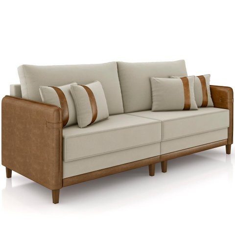 Sofá 3 Lugares Living 212cm Asbury K01 Veludo Bege Couríssimo Camel - Lyam Decor