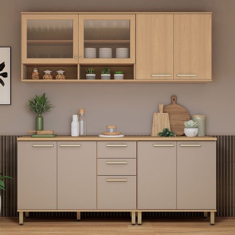 Cozinha Compacta 100 Mdf 4 Peças com Tampo e Vidro Canelado 200cm Duna Luciane Móveis
