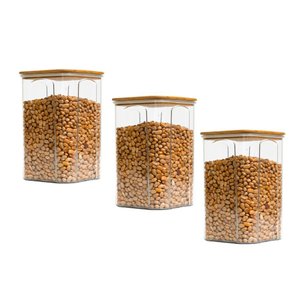 Kit 3 Pote Hermético Acrílico 1,4l Quadrado Tampa de Bambu