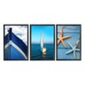 Kit 3 Quadros Decoração Ambiente Moderno Moldura Preta Mar Barcos Azuis - 1