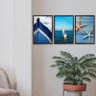 Kit 3 Quadros Decoração Ambiente Moderno Moldura Preta Mar Barcos Azuis - 3
