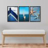 Kit 3 Quadros Decoração Ambiente Moderno Moldura Preta Mar Barcos Azuis - 2
