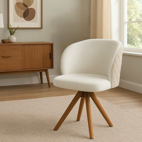 Poltrona Giratória com Revestimento em Bouclé e Acabamento Matelassê – Dior Exclusiva Bouclé Branco 