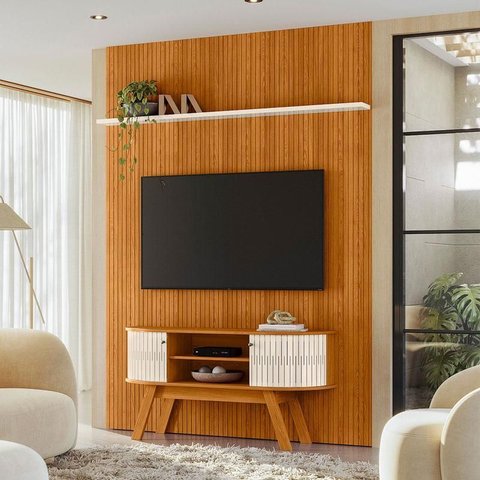 Painel Piso Teto New Interlagos com Rack Bancada Atlanta New Silverstone Ambiente Cinamomo Off White