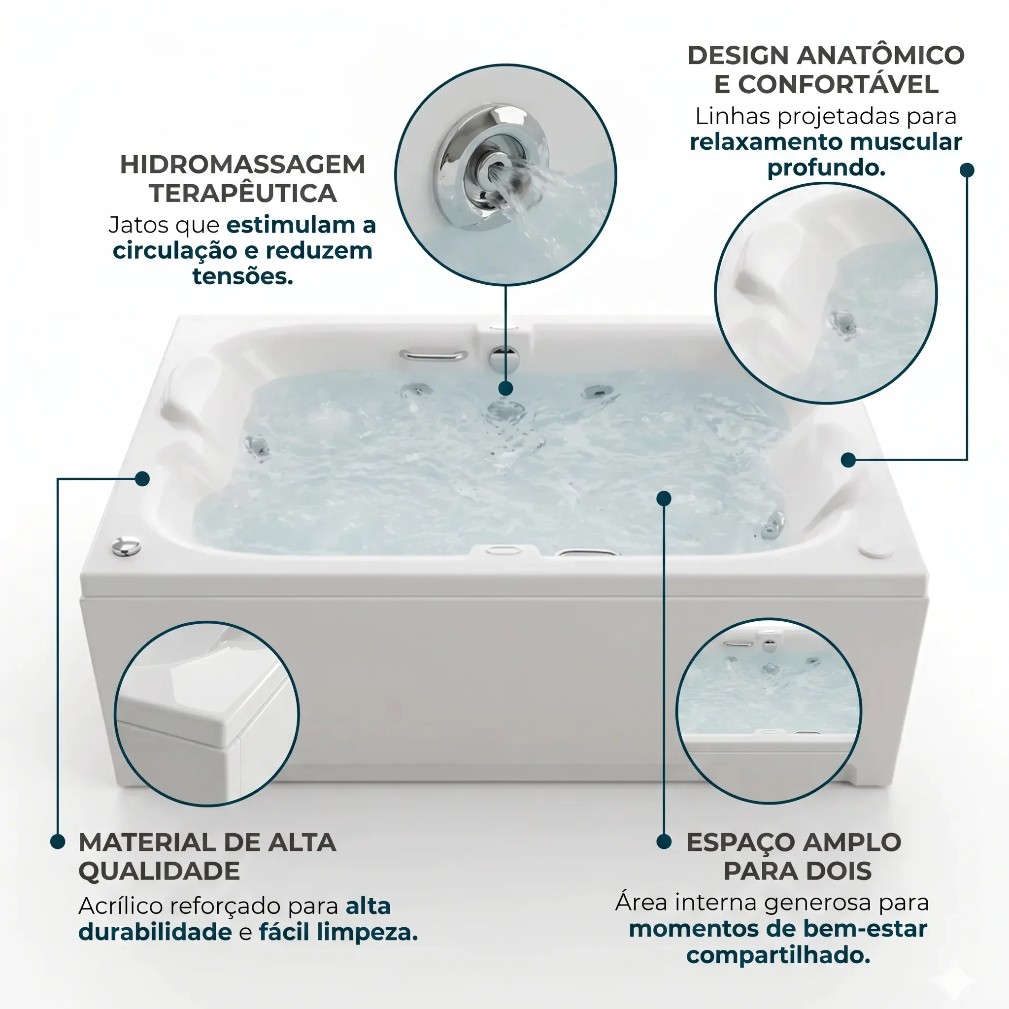 Ver imagem 4 de Banheira de Hidromassagem Cristal Duo 6 Jatos com Alças e Piso Antiderrapante 170x110cm em Acrílico Branco Ouro Fino