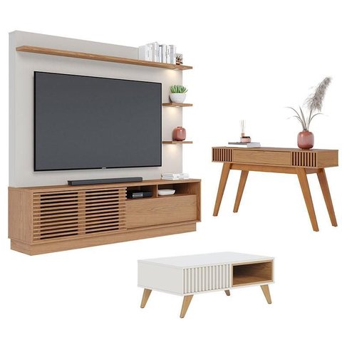 Estante Home Theater Campeche Freijó Off White Matte com Mesa de Centro Jeri Off White Freijó e