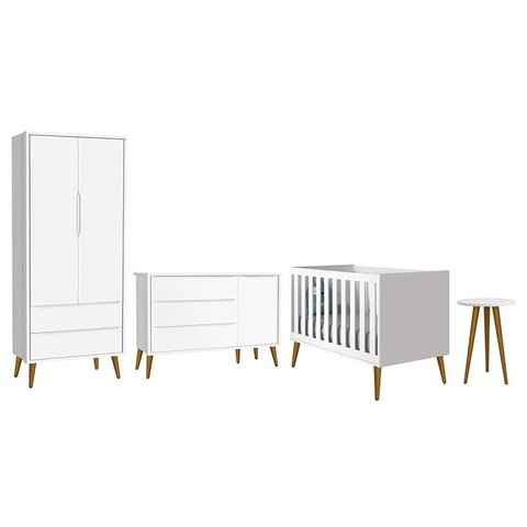 Dormitório Infantil Theo Retrô 2 Portas, Cômoda 1 Porta, Berço e Mesa de Apoio Branco com Pés Amadei