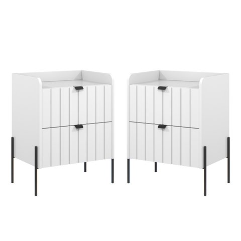 Kit 2 Mesas de Cabeceira para Quarto Mdf Branco com 2 Gavetas Laqueadas Riscada 45cm Pé Metal Preto