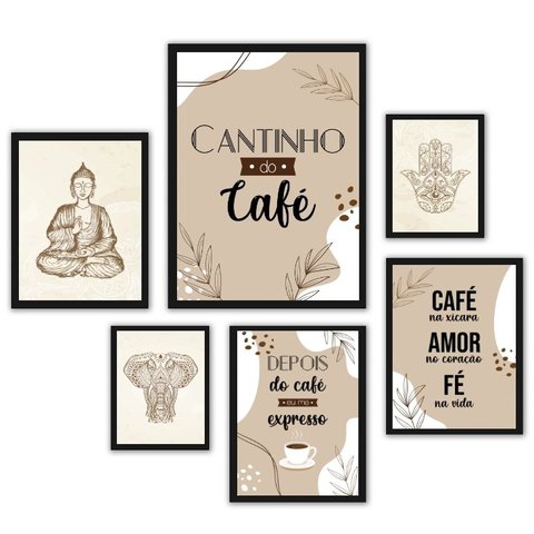 Composição 6 Quadros Decorativos Cantinho Café Zen:madeira Preta