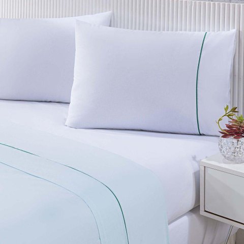 Jogo de Cama Lençol 100% Algodão Percal 150 Fios Casal Gran Moratta 4 Peças - Branco e Verde