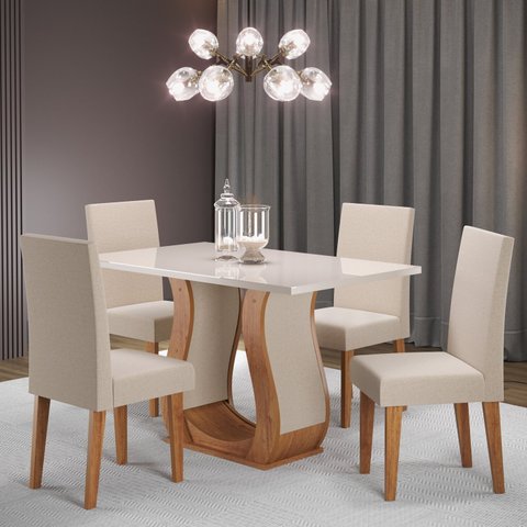 Conjunto De Sala De Jantar Com Mesa 120x80cm Tampo Em Vidro E 4 Cadeiras Cor Mel/Off White Inovare