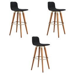 Kit 3 Banquetas Altas Luxo Linea Aço Champanhe Linho Preto Base Carvalho - 2