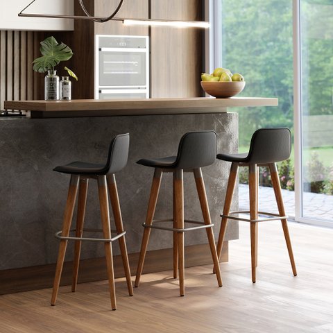 Kit 3 Banquetas Altas Luxo Linea Aço Champanhe Linho Preto Base Carvalho
