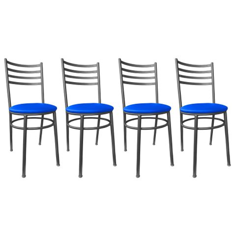Conjunto 4 Cadeiras Jantar de Metal Preto e Assento Estofado Azul