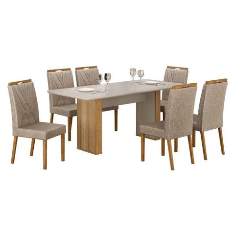 Mesa de Jantar Júlia 180x90cm Cinamomo Off White com 6 Cadeiras Lara Linho Bege - Valdemóveis