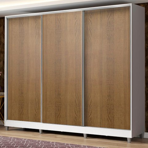 Guarda Roupa Casal 100% Mdf Madesa Zurique 3 Portas de Correr com Pés - Branco/rustic
