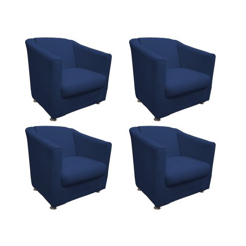 Kit 4 Poltronas Decorativa Biane Couro Azul Marinho Pés Cromado Mz Decor