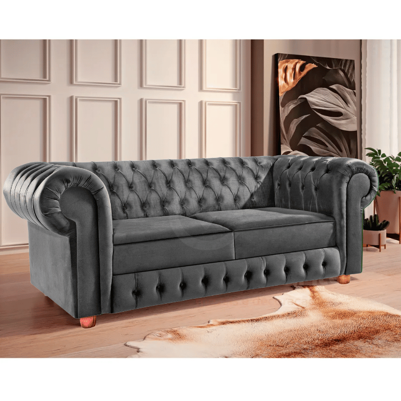 Namoradeira Chesterfield Bourbon 3 Lugares Via Encanto Veludo Cinza - 2