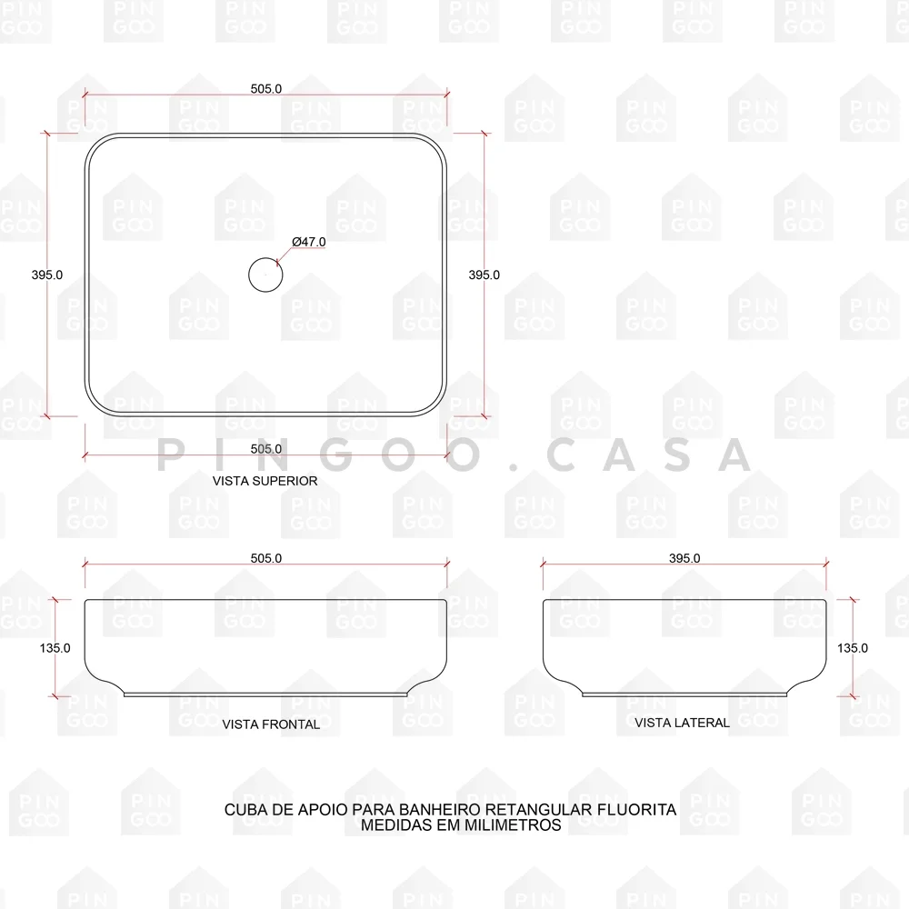 Cuba de Apoio para Banheiro Retangular Slim Louça Cerâmica 50,5 Cm Fluorita Pingoo.casa - Branco - 7