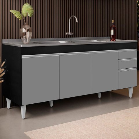 Balcão Gabinete com Pia 180cm Dallas Preto/cinza - Lumil Lumil Móveis