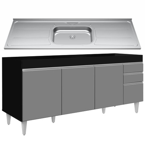 Balcão Gabinete com Pia 180cm Dallas Preto/cinza - Lumil Lumil Móveis