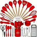 Ver imagem 1 de Kit 44 Utenslios de Cozinha Silicone e Madeira Antiaderente Vermelho