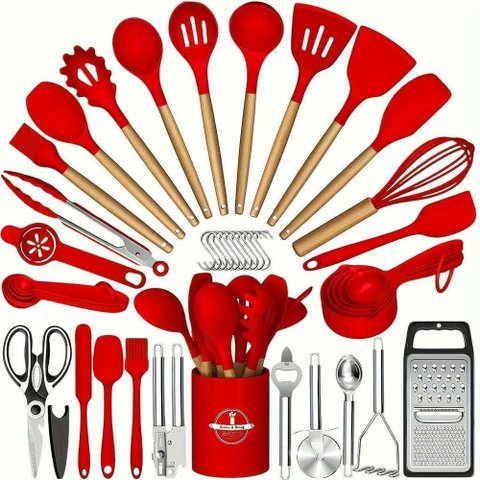 Kit 44 Utenslios de Cozinha Silicone e Madeira Antiaderente Vermelho