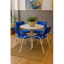 Jogo Mesa Redonda para Restaurante Comércio com 4 Cadeiras Iso Azul Base Branca Ecomhome - 1
