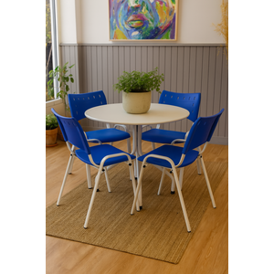 Jogo Mesa Redonda para Restaurante Comércio com 4 Cadeiras Iso Azul Base Branca Ecomhome