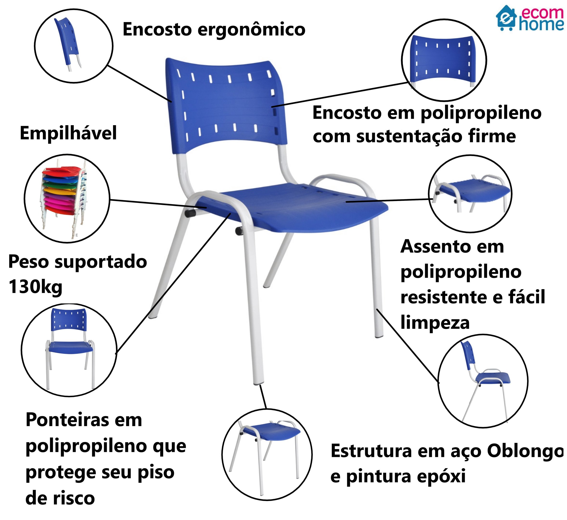 Jogo Mesa Redonda para Restaurante Comércio com 4 Cadeiras Iso Azul Base Branca Ecomhome - 3