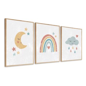 Kit 3 Quadros Decorativo Infantil Lua Nuvem Unicórnio Quarto