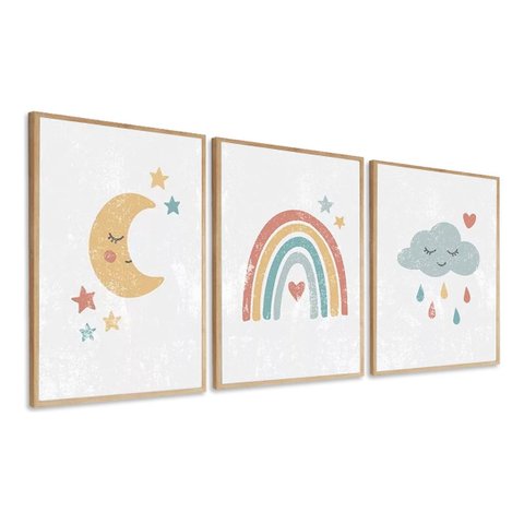 Kit 3 Quadros Decorativo Infantil Lua Nuvem Unicórnio Quarto