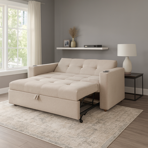 Sofá Cama Reclinável Retrátil Austin Pompeia Creme com Carregador e Porta Copos