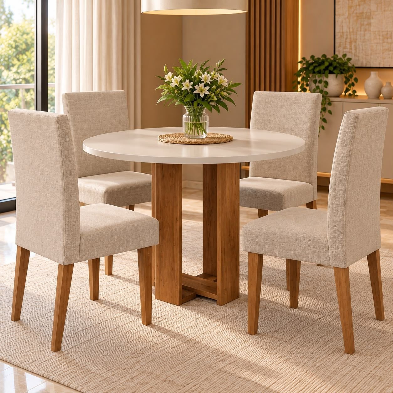Mesa de Jantar Chiara Redonda 90x90cm com 4 Cadeiras Venus Mel/Off White