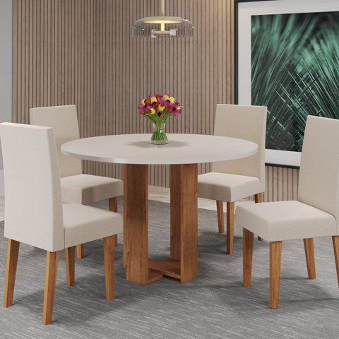 Mesa de Jantar Chiara Redonda 90x90cm com 4 Cadeiras Venus Mel/Off White
