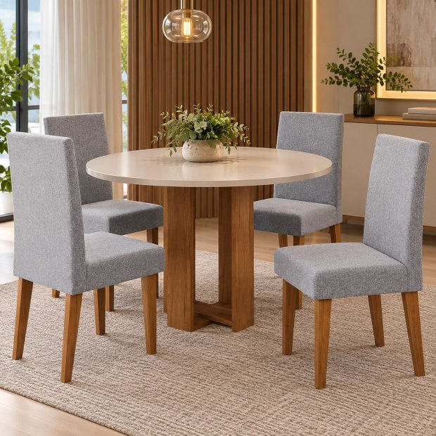 Mesa de Jantar Chiara Redonda 90x90cm com 4 Cadeiras Venus Inox/Branco