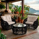 Ver imagem 2 de Jogo 2 Poltronas e Mesa de Centro Tampo de Vidro Aço e Corda Náutica Preto Aruá Courino Branco