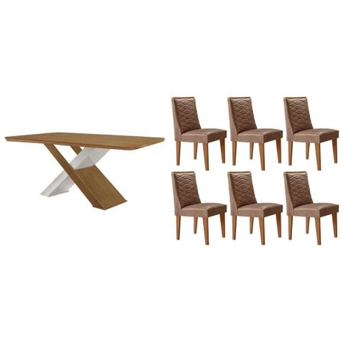 Conjunto: Mesa de Cozinha Imperatriz Tampo Curvo 180cm+6 Cadeiras Dafne Madeira Naturale/Off White