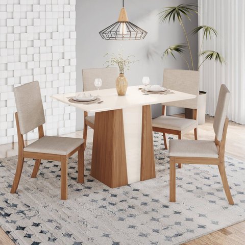 Conjunto Sala Jantar 120 cm 4 Cadeiras Canto Reto Julia Espresso Móveis Off White/Nature