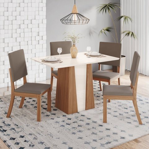 Conjunto Sala Jantar Julia 120 cm 4 Cadeiras Canto Reto Espresso Móveis Off White/Nature/Marrom Amêndoa