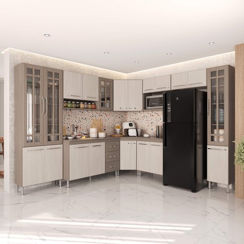 Armário de Cozinha Modulada Completa Fidelitá Paris 9 Peças 515cm 20 Portas 3 Gavetas com Tampo