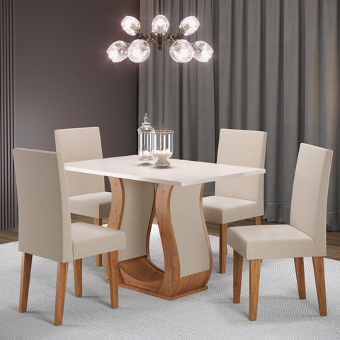 Mesa de Jantar Retangular Criare 120x80cm com 4 Cadeiras Venus Bege/Mel/Off White