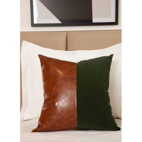 Almofada Premium Collection Verde & Couro Caramelo Quadrada:Completa