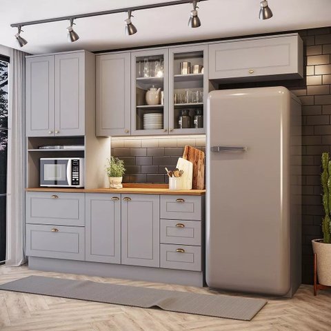Cozinha Modulada 271,5cm Compacta 4 Peças com Torre Quente e Vidro 8 Portas 5 Gavetas Americana Henn