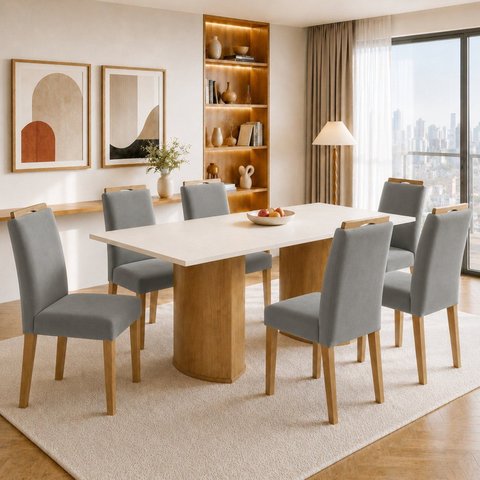 Conjunto de Mesa 6 Lugares Isla e Cadeiras Lyra em MDF Cinamomo e Cinza